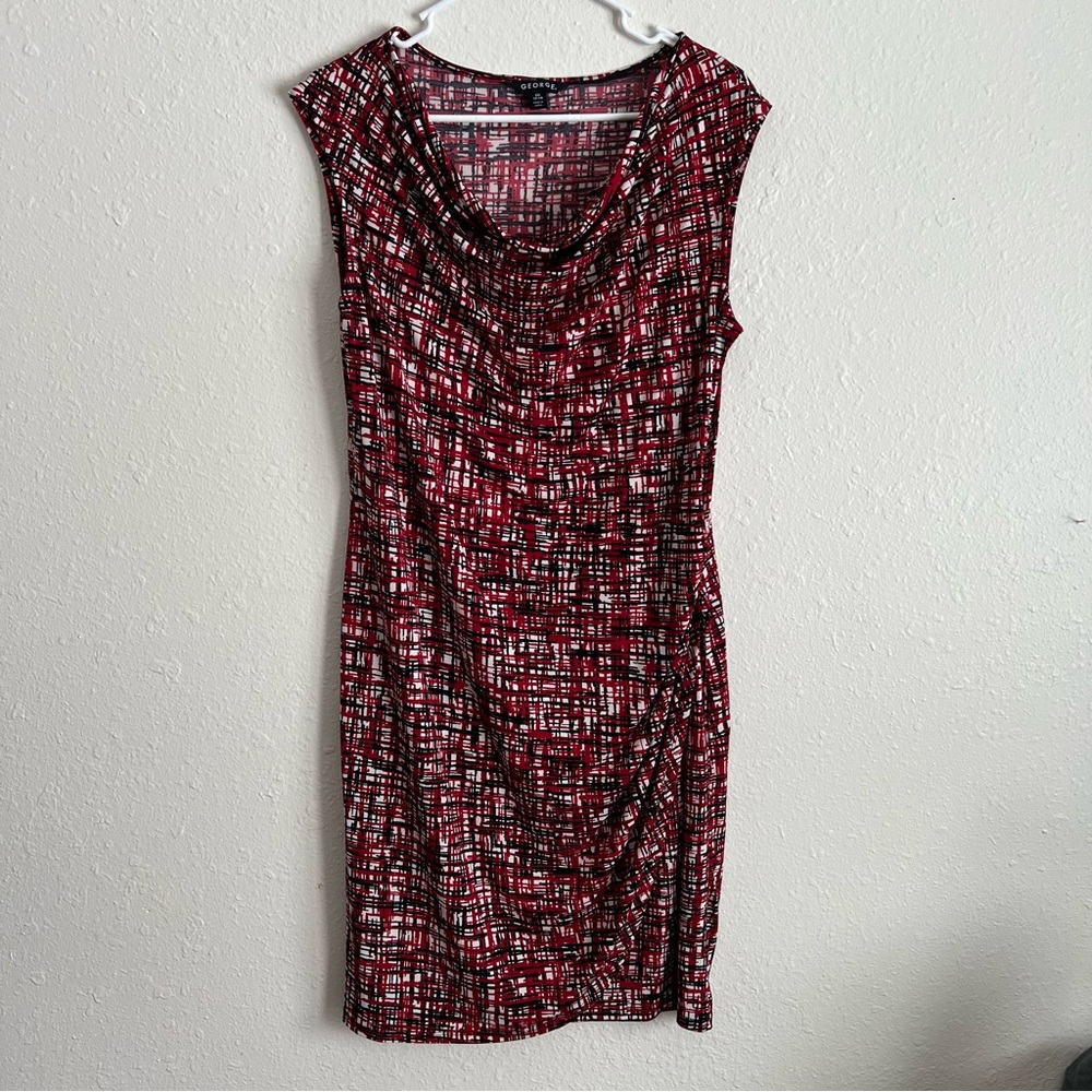 Large George Red, Black and White Abstract Cowl-Neck Midi Dress